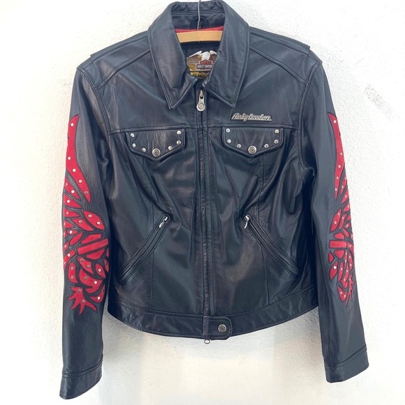 HARLEY DAVIDSON Women Black LEATHER Flaming Sleeve JACKET Stud MEDIUM Biker Babe - Picture 16 of 16